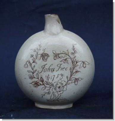 DEVON SLIPWARE FLASK for JOHN FICE 1783