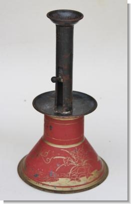 TIN CANDLESTICK with ORINGINAL DECORATION.