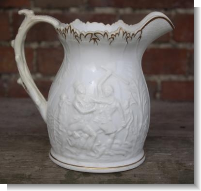 VERY RARE MOULDED JUG COMMEMORATING THE POACHER WILLIAM COLLIER'S MURDER OF GAMEKEEPER THOMAS SMITH in 1866